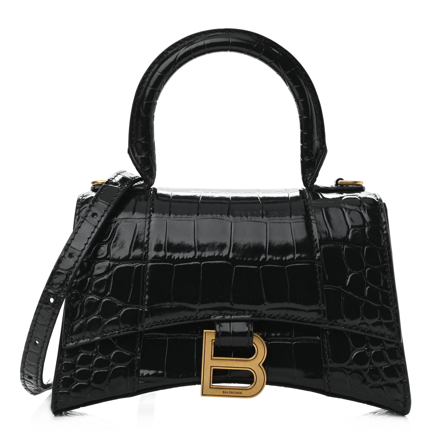 Balenciaga Shiny Calfskin Crocodile Embossed Hourglass Top Handle Bag XS Black 1 of 10