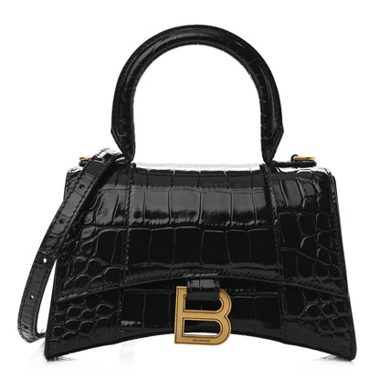 Balenciaga Shiny Calfskin Crocodile Embossed Hourglass Top Handle Bag XS Black 1 of 10