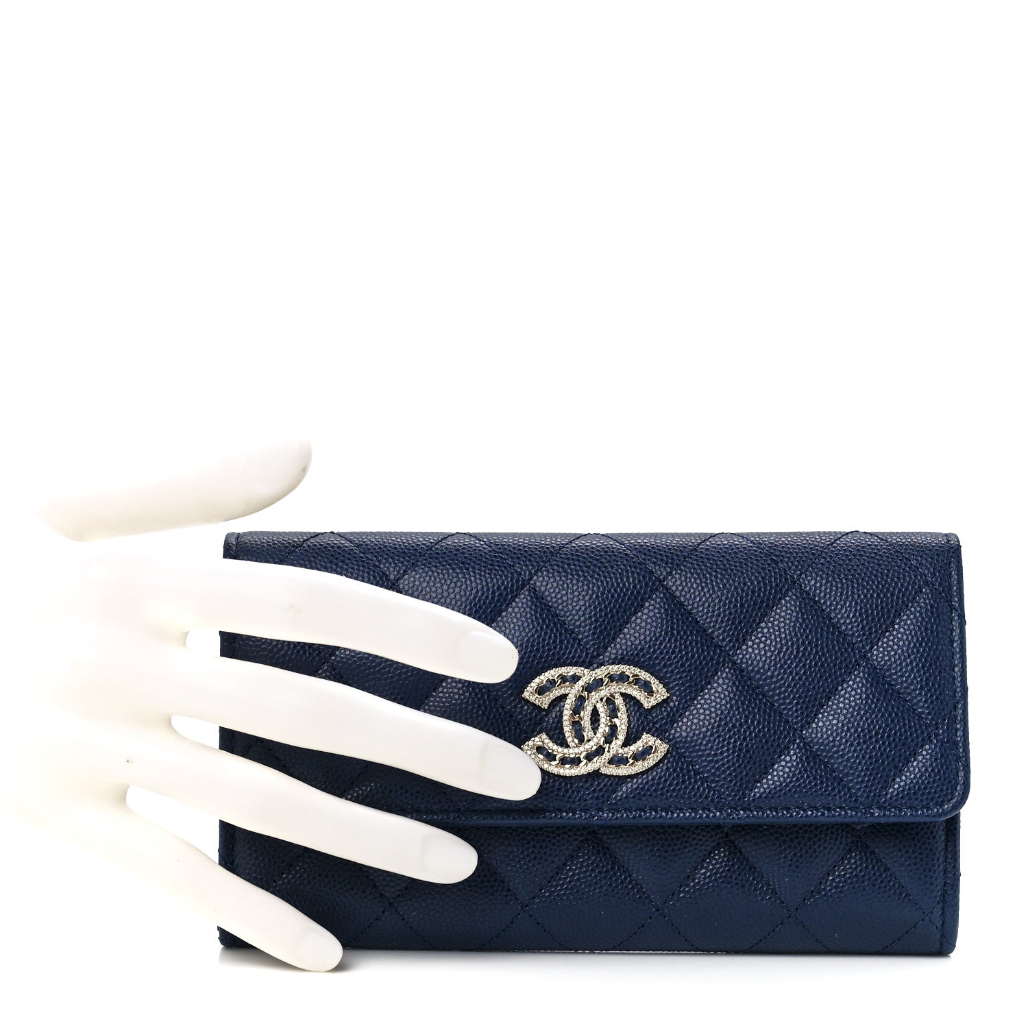 Chanel Caviar Quilted Crystal Long Flap Wallet Navy Blue 2 of 13