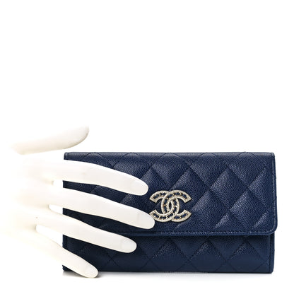Chanel Caviar Quilted Crystal Long Flap Wallet Navy Blue 2 of 13