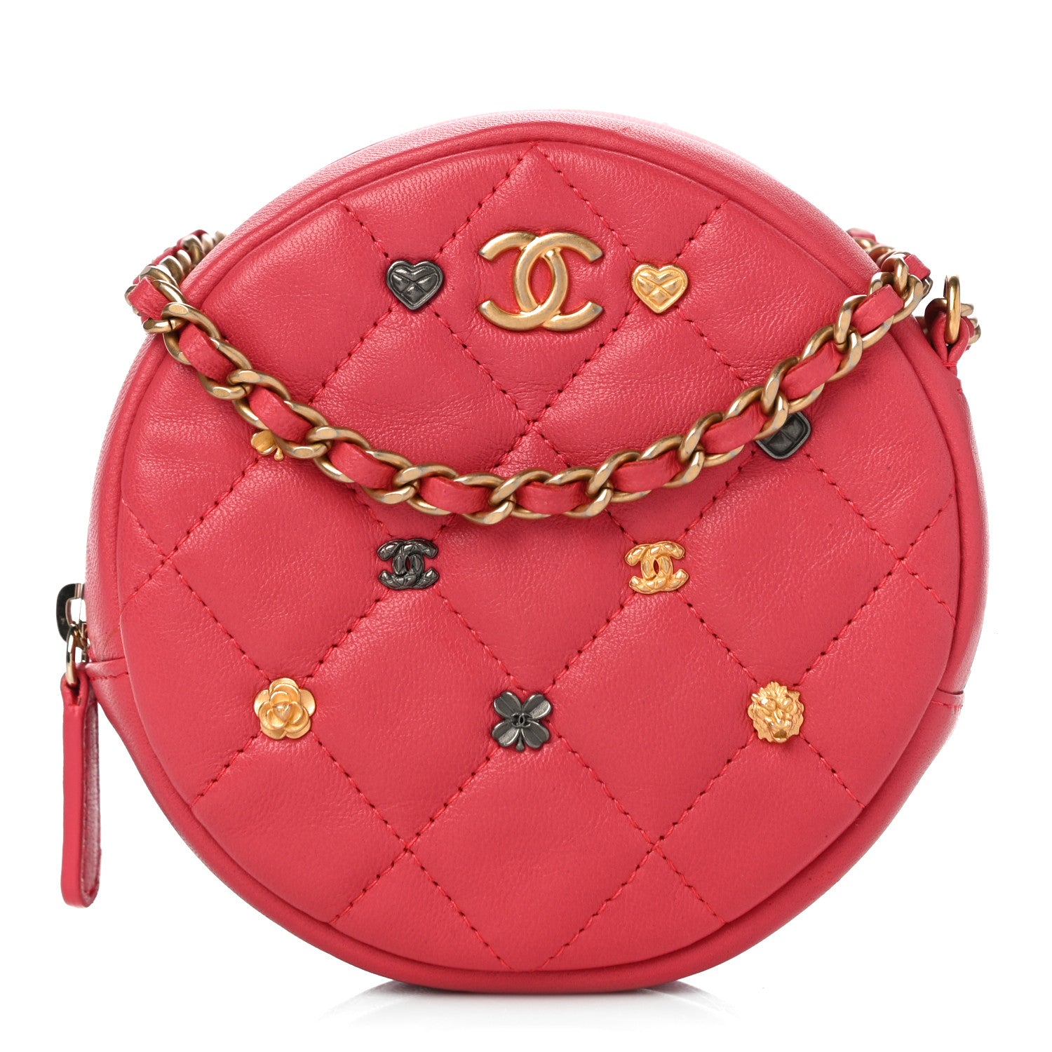 Chanel Lambskin Quilted Studded Round Clutch With Chain Dark Pink 1 of 10