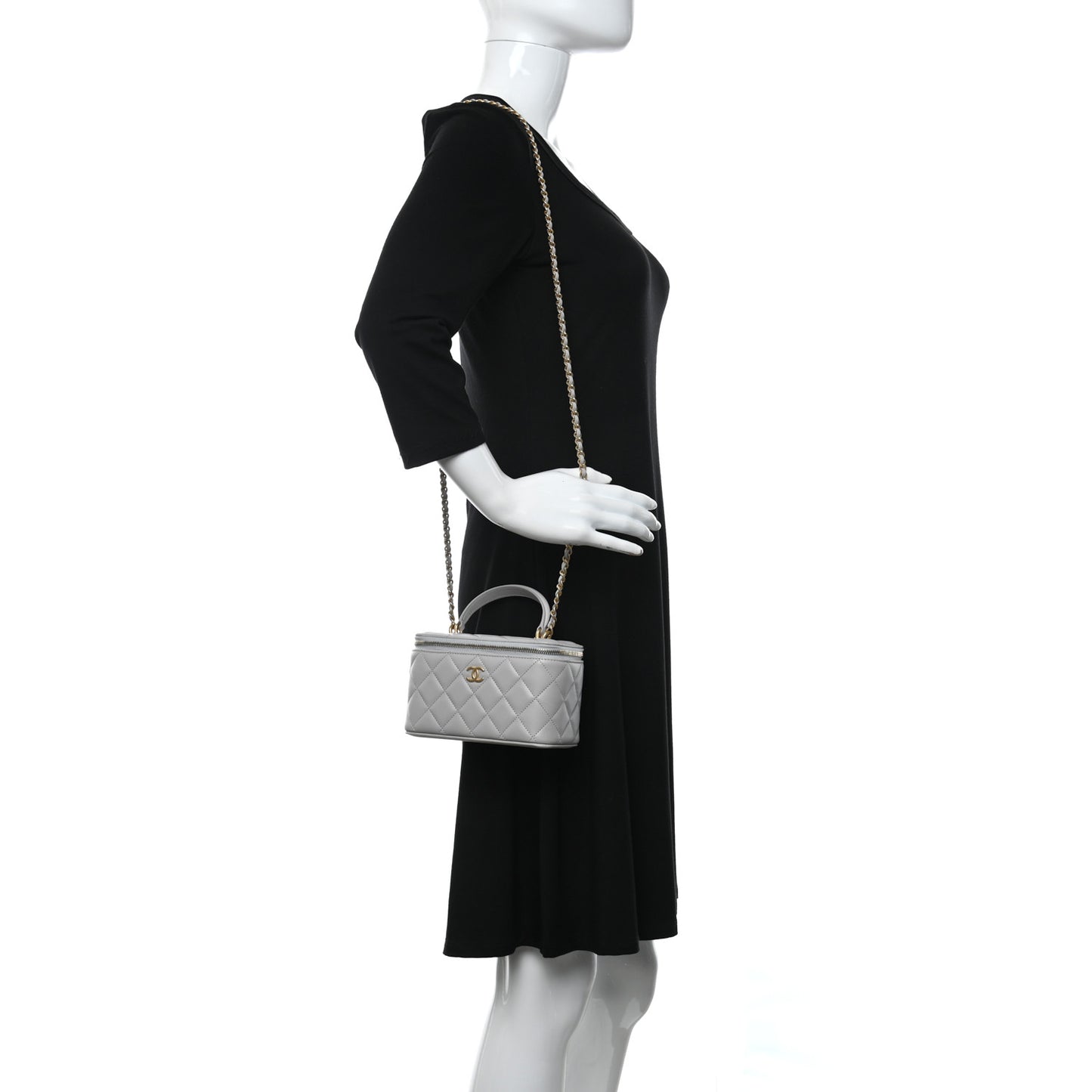 Lambskin Quilted Small Top Handle Vanity Case With Chain Light Grey