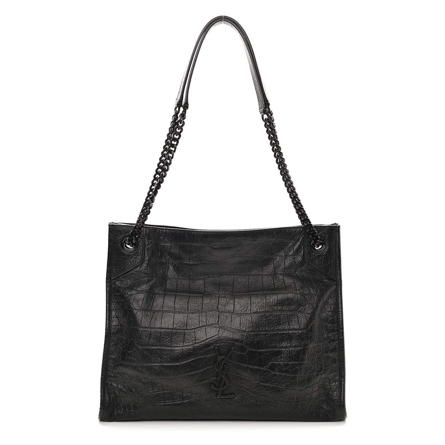 Calfskin Crocodile Embossed Monogram Medium Niki Shopping Bag Black