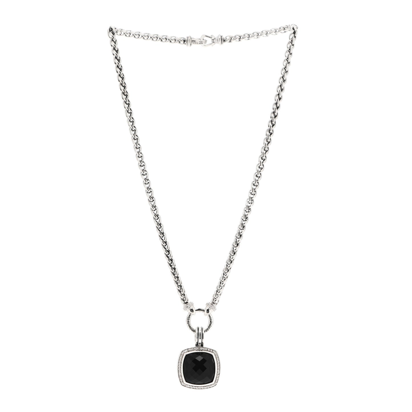 Sterling Silver Diamond Black Onyx 16mm Albion Wheat Chain Pendant Necklace