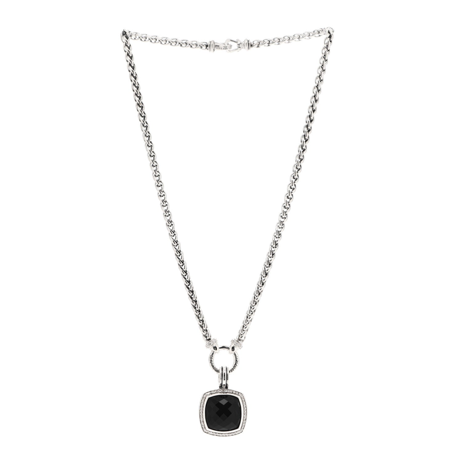 David Yurman Sterling Silver Diamond Black Onyx 16mm Albion Wheat Chain Pendant Necklace 3 of 5