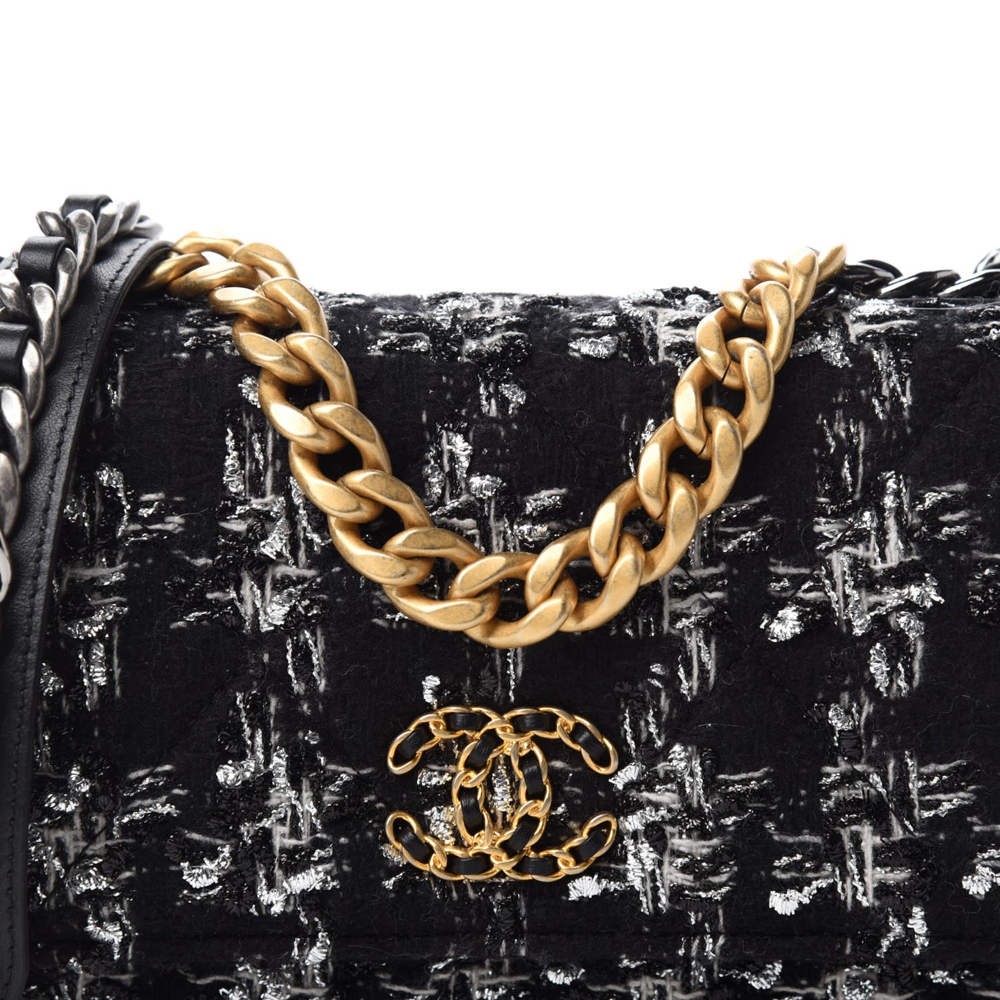 Tweed Quilted Chanel 19 Wallet On Chain WOC Black Silver Ecru