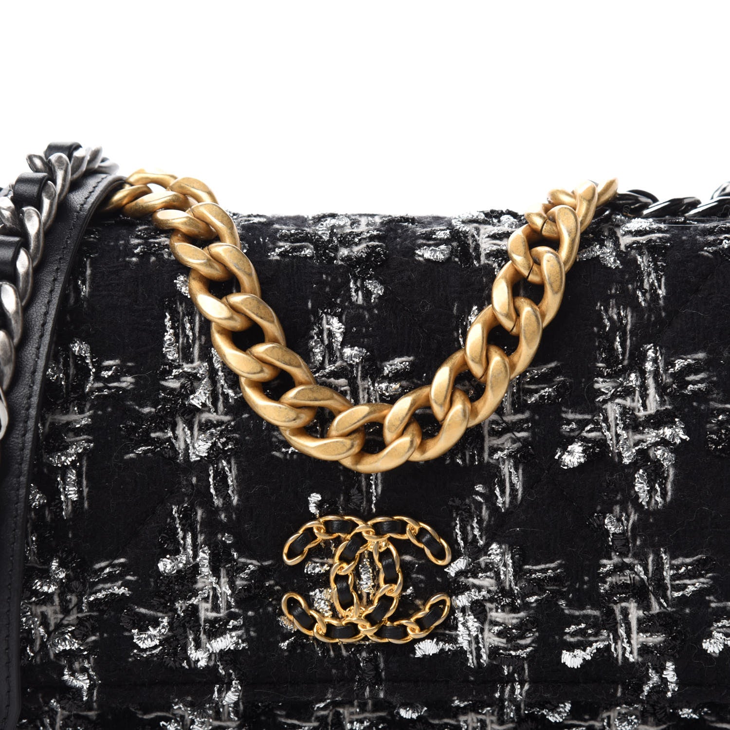 Chanel Tweed Quilted Chanel 19 Wallet On Chain WOC Black Silver Ecru 11 of 12