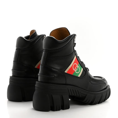 Gucci Quebec Calfskin Web Womens Interlocking G Lace Up Combat Boots 35 Black Mystic White Green Red 4 of 9