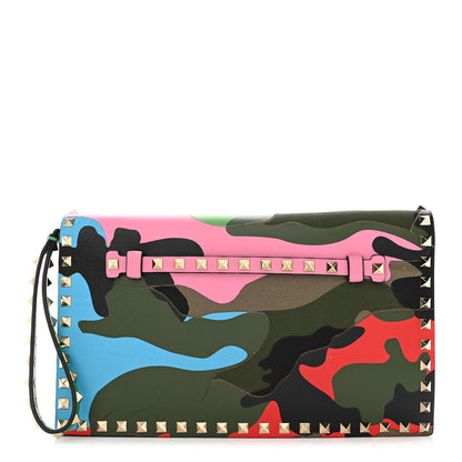 Valentino Garavani Nappa Canvas Camouflage Rockstud Wristlet Clutch Army Green Ninphea Parrot 1 of 10