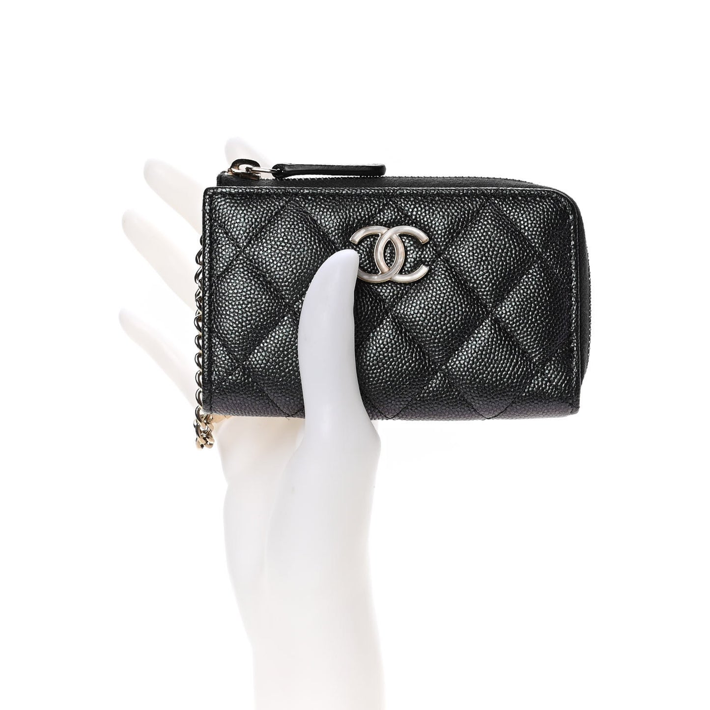 Iridescent Caviar Quilted Zipped Key Holder Case Black