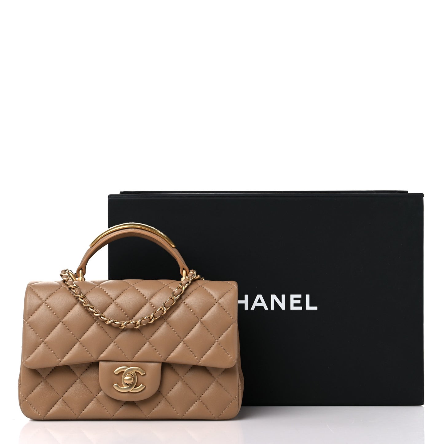 Lambskin Quilted Mini Metal Top Handle Rectangular Flap Beige