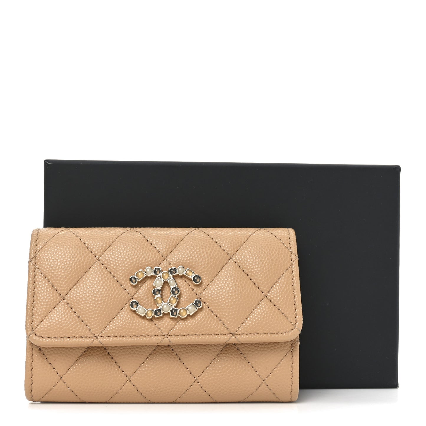 Shiny Caviar Enamel Quilted CC Flap Card Holder Beige
