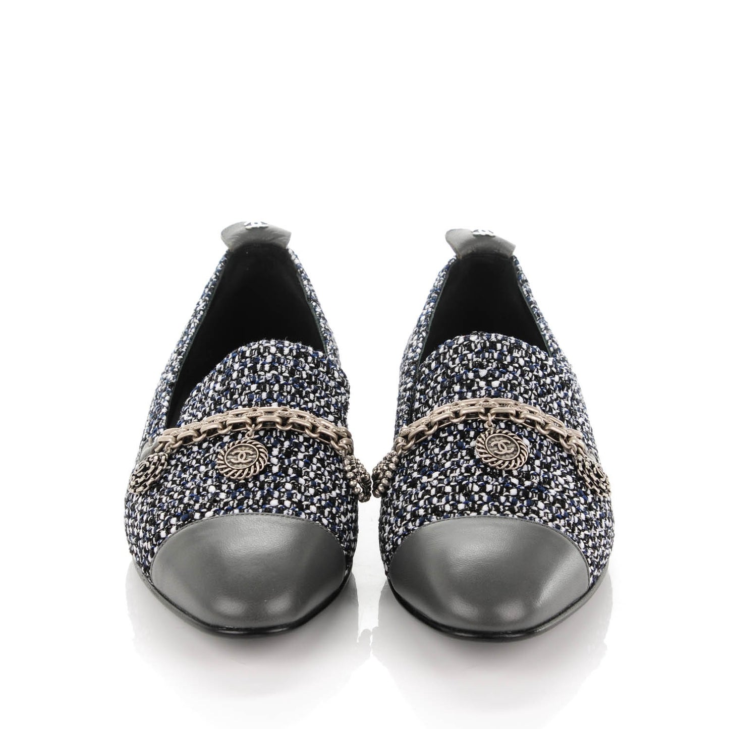 Tweed Lambskin Cap Toe Charm Loafers 38.5 Black Multicolor