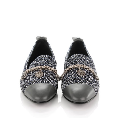 Chanel Tweed Lambskin Cap Toe Charm Loafers 38.5 Black Multicolor 2 of 8