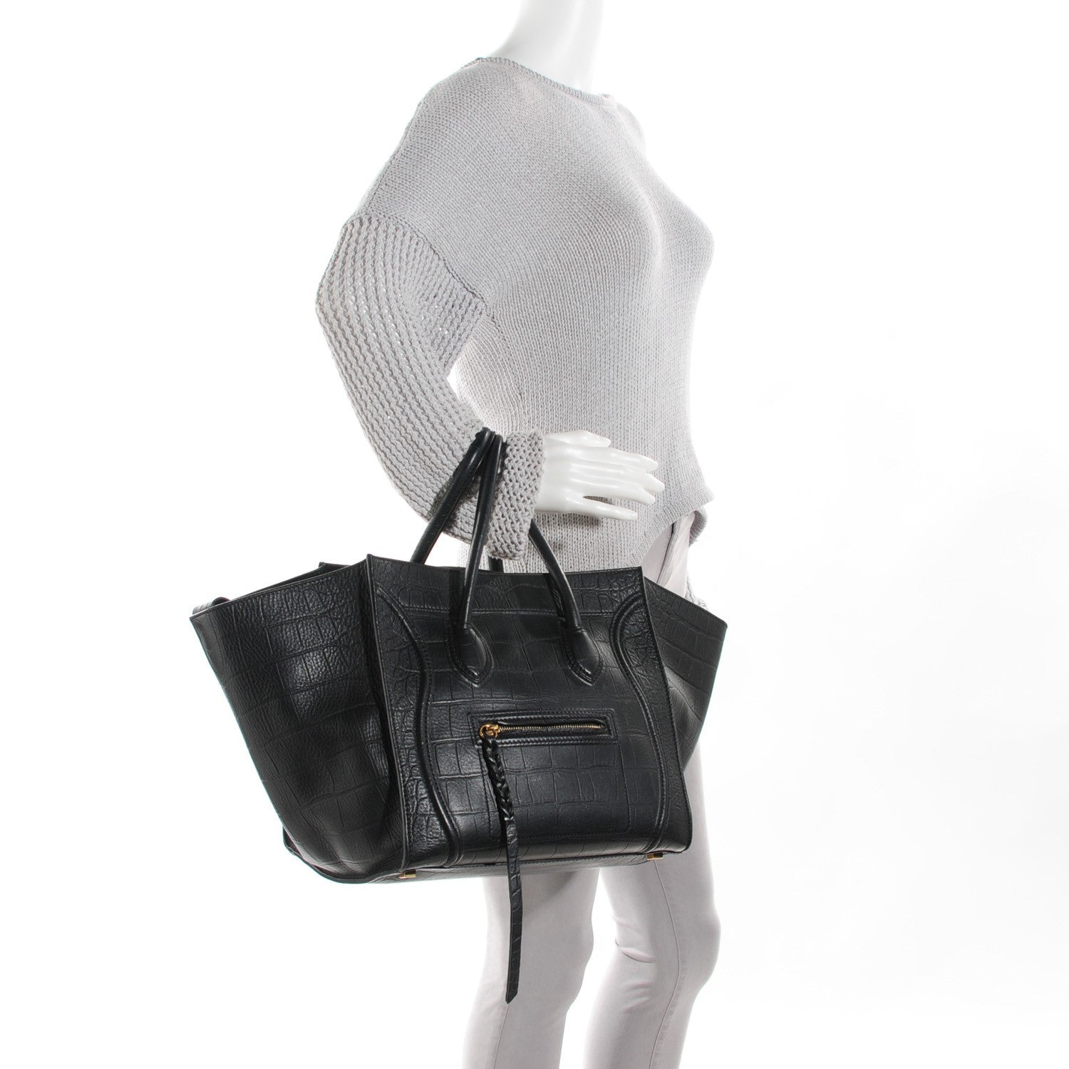 Celine Crocodile Embossed Calfskin Medium Phantom Luggage Black 2 of 8