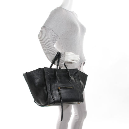 Celine Crocodile Embossed Calfskin Medium Phantom Luggage Black 2 of 8