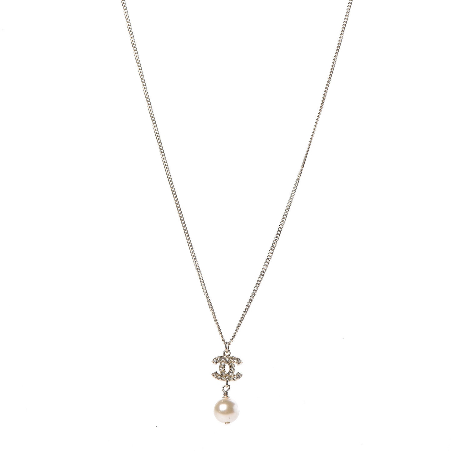 Crystal Pearl CC Drop Necklace Gold
