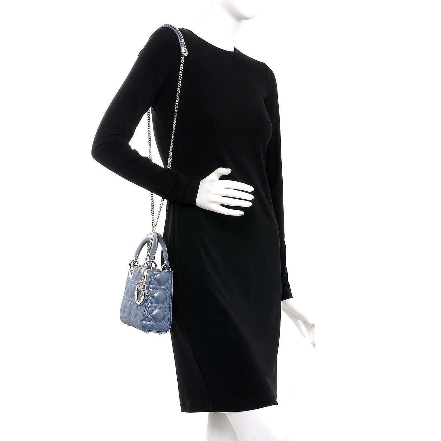 Metallic Lambskin Cannage Mini Lady Dior Blue