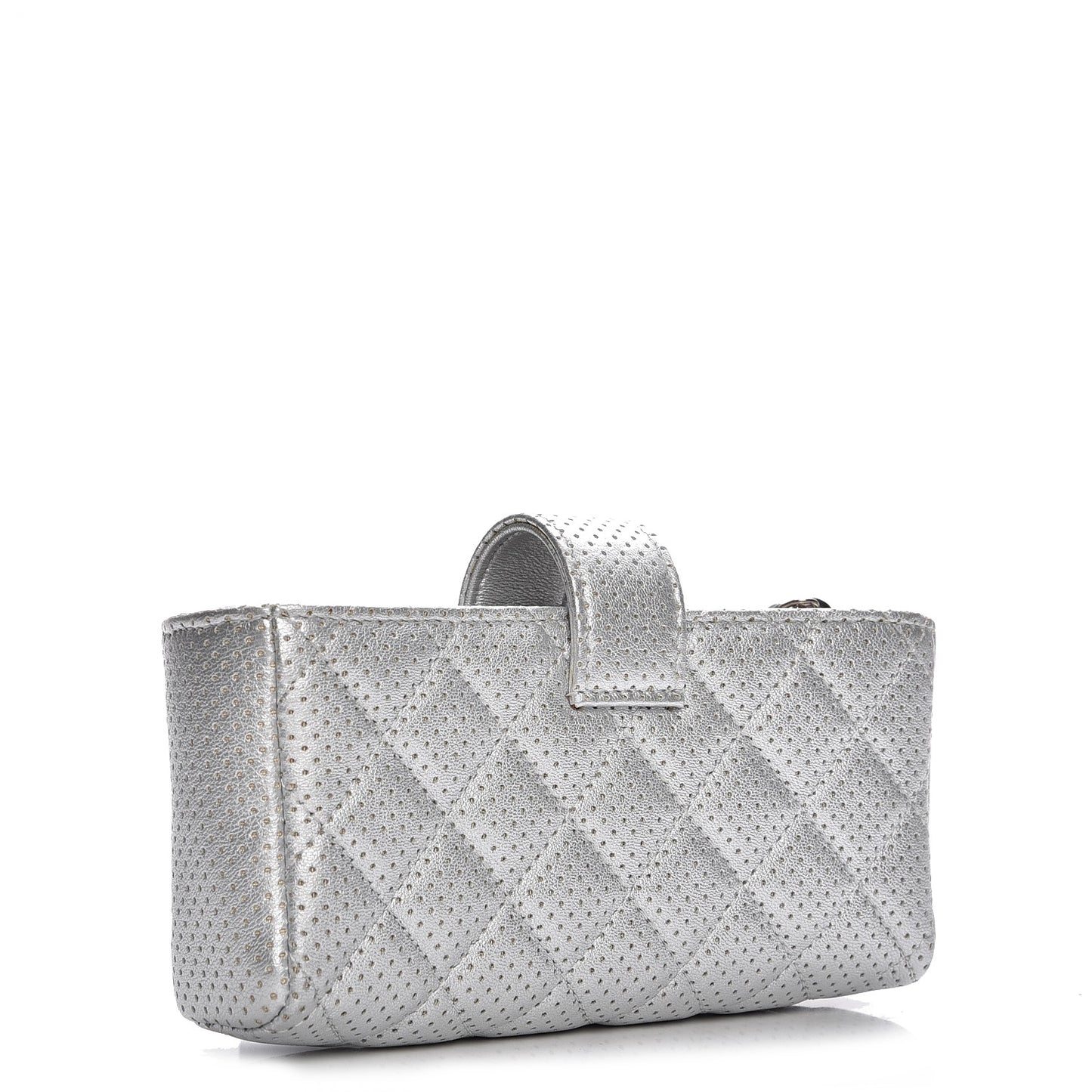 Perforated Lambskin Quilted Mini Phone Holder Clutch Silver