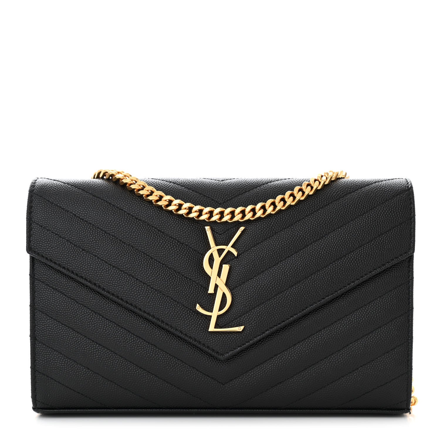 Saint Laurent Grain De Poudre Matelasse Chevron Monogram Chain Wallet Black 1 of 12