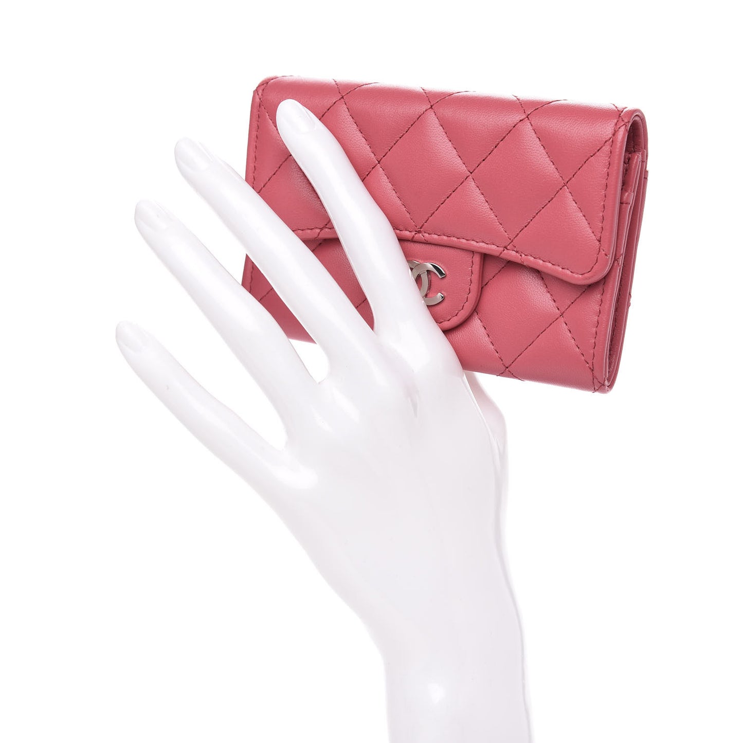 Lambskin Quilted Flap Card Holder Wallet Dark Pink