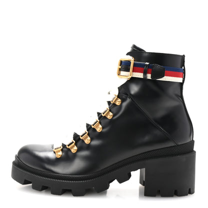 Gucci Calfskin Sylvie Web Womens Lace Up Combat Boots 39.5 Black 1 of 10