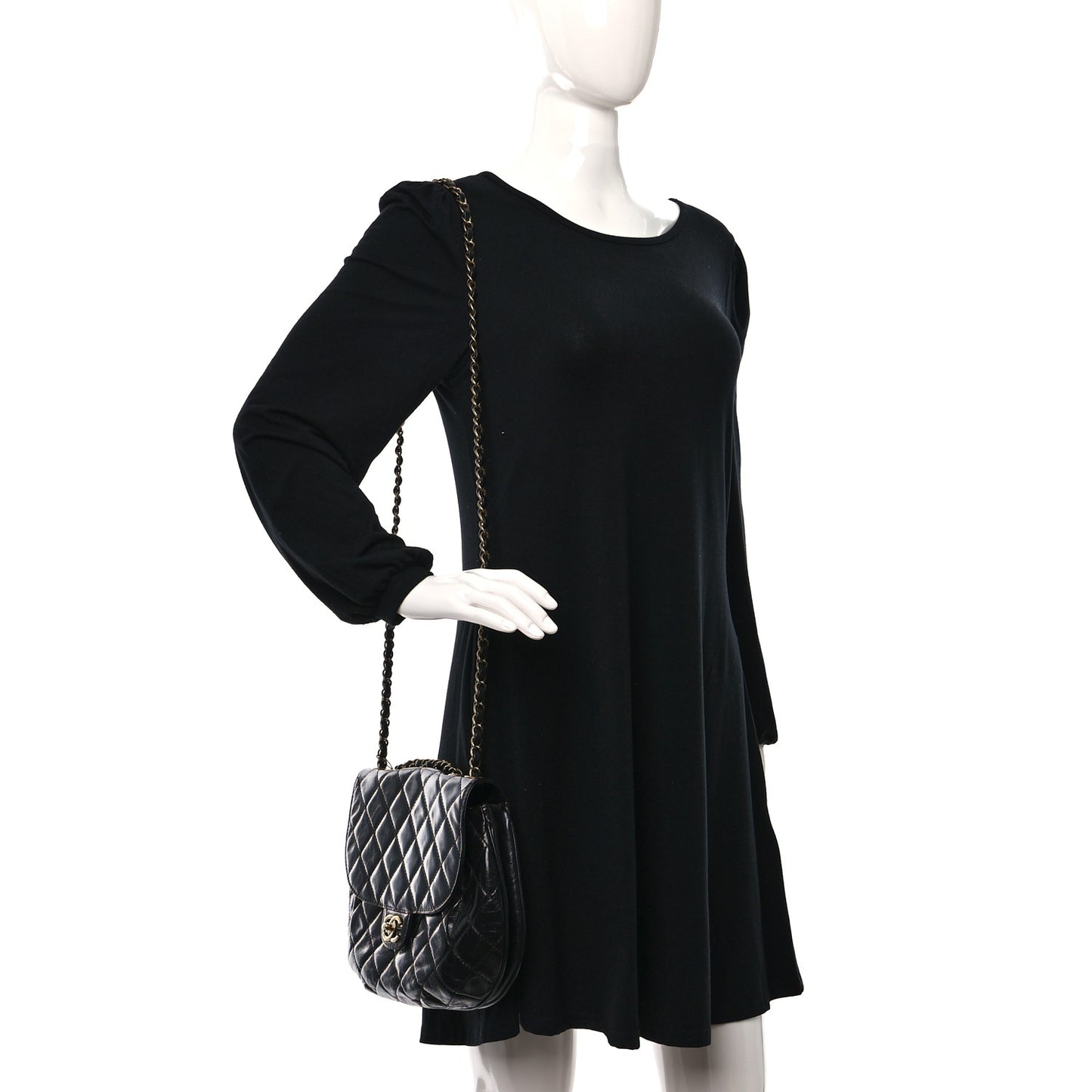 Glazed Calfskin Quilted Medium Bubble CC Flap Black