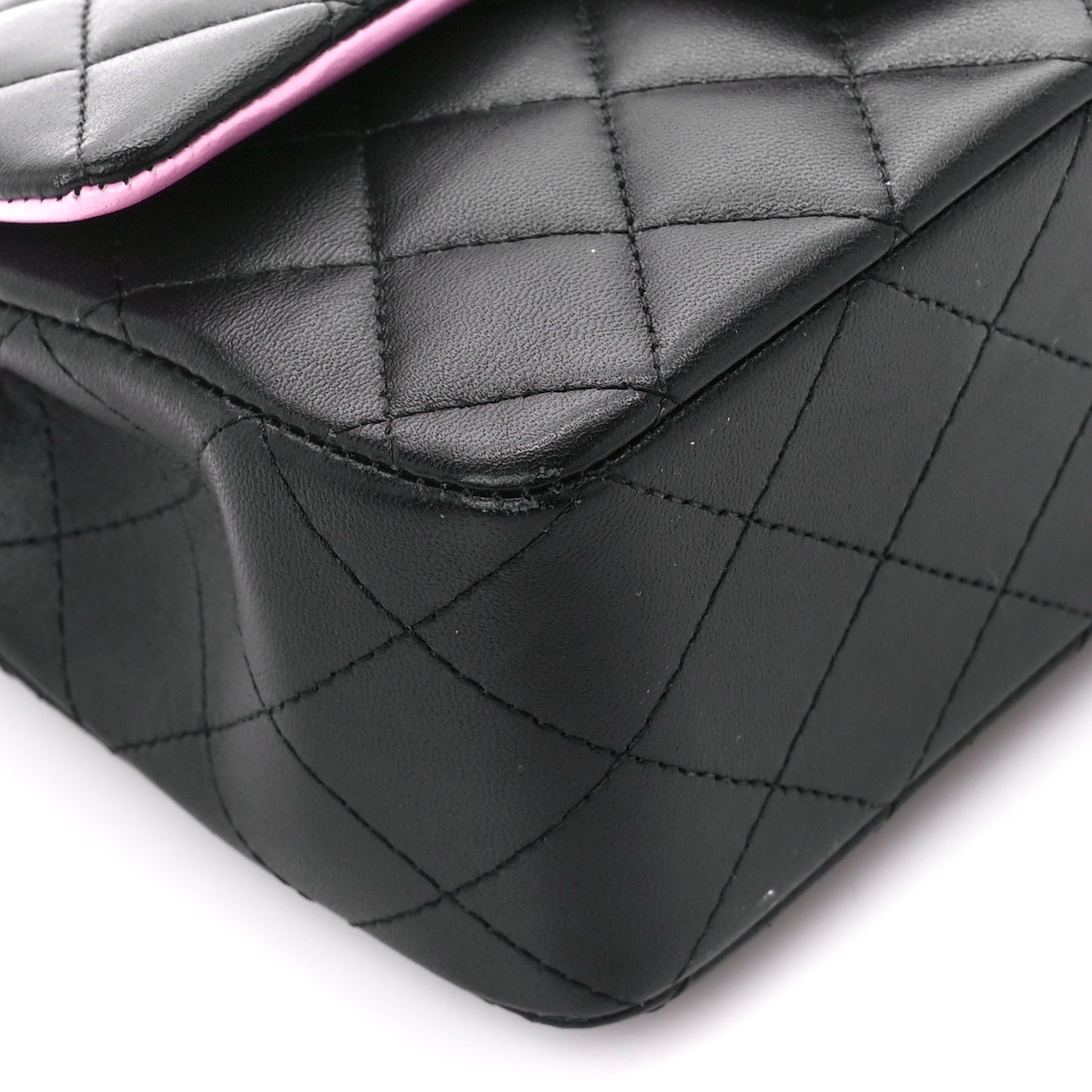 Lambskin Quilted Bi-Color Mini Top Handle Rectangular Flap Black Lilac
