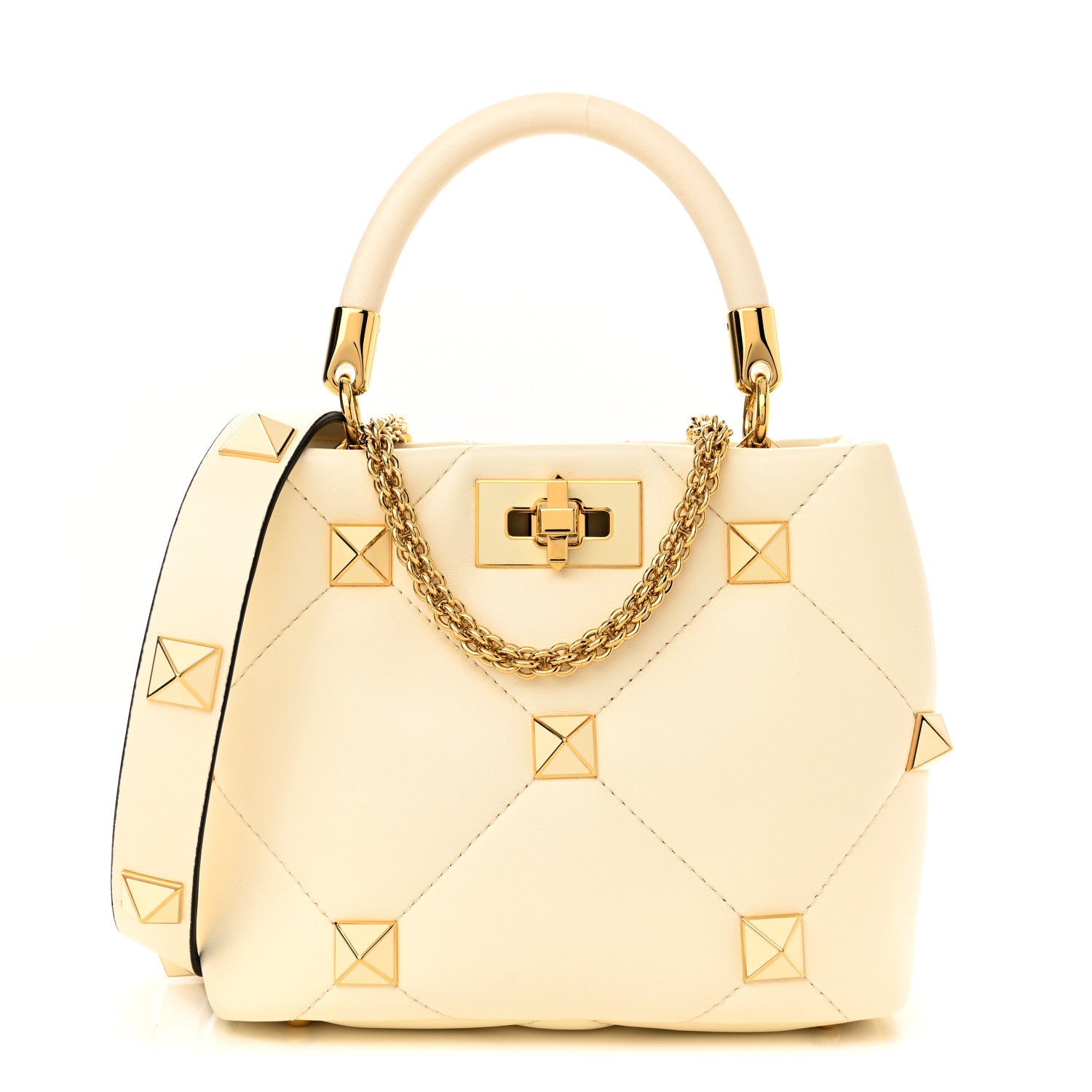 Valentino Garavani Nappa Enamel Small Roman Stud The Handle Bag Ivory 1 of 9