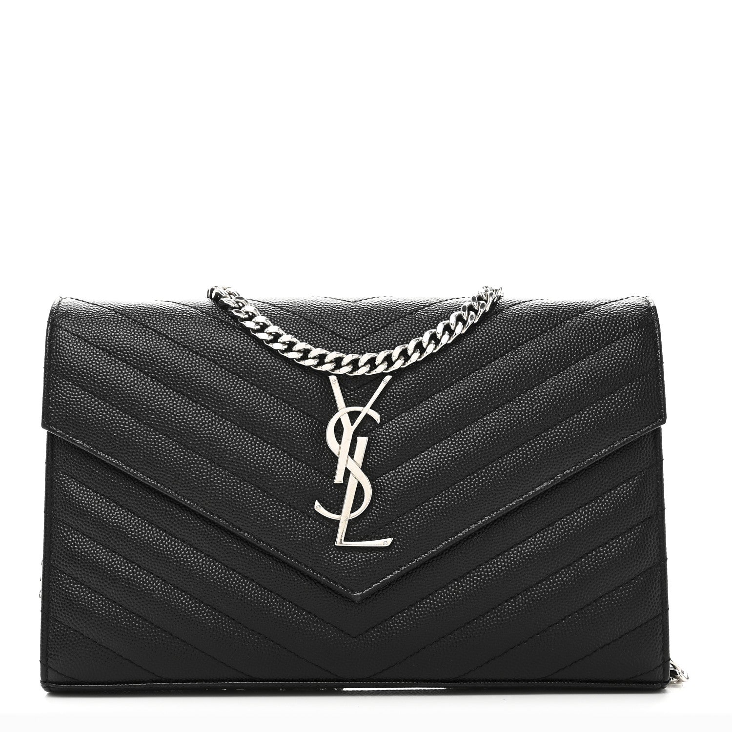 Saint Laurent Grain De Poudre Matelasse Chevron Monogram Chain Wallet Black 1 of 9