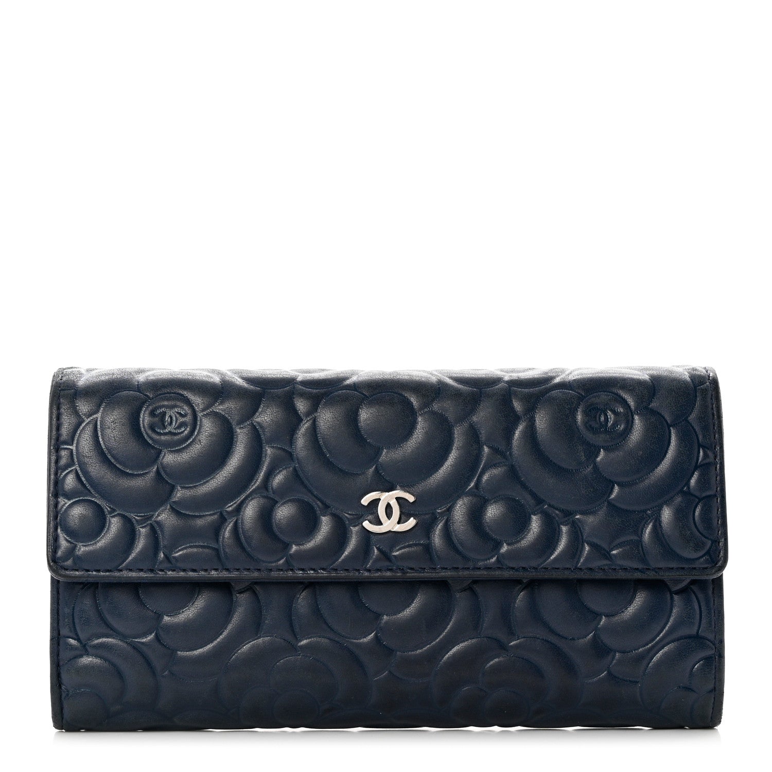 Chanel Lambskin Embossed Camellia Large Gusset Flap Wallet Navy 1 of 9
