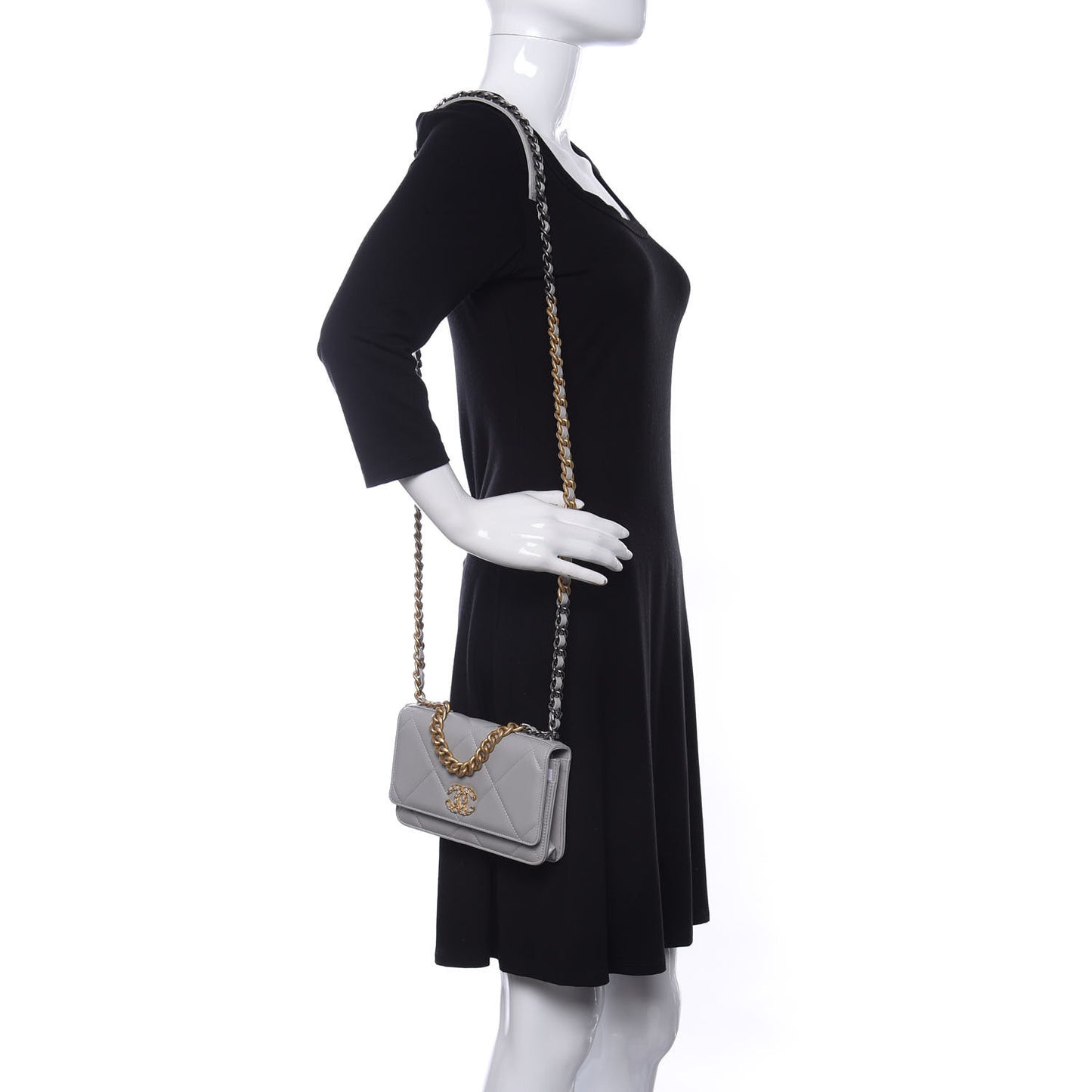 Lambskin Quilted Chanel 19 Wallet On Chain WOC Grey