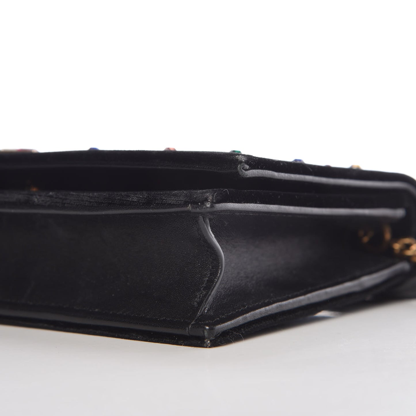 Velvet Crystal Embellished Monogram Kate Chain Wallet Black
