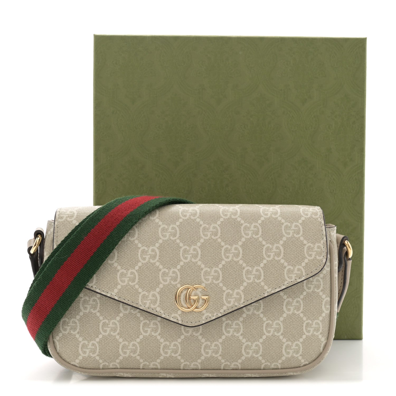 Gucci GG Supreme Monogram Textured Dollar Calfskin Web Mini Ophidia Envelope Shoulder Bag Beige Mystic White Oatmeal 13 of 13
