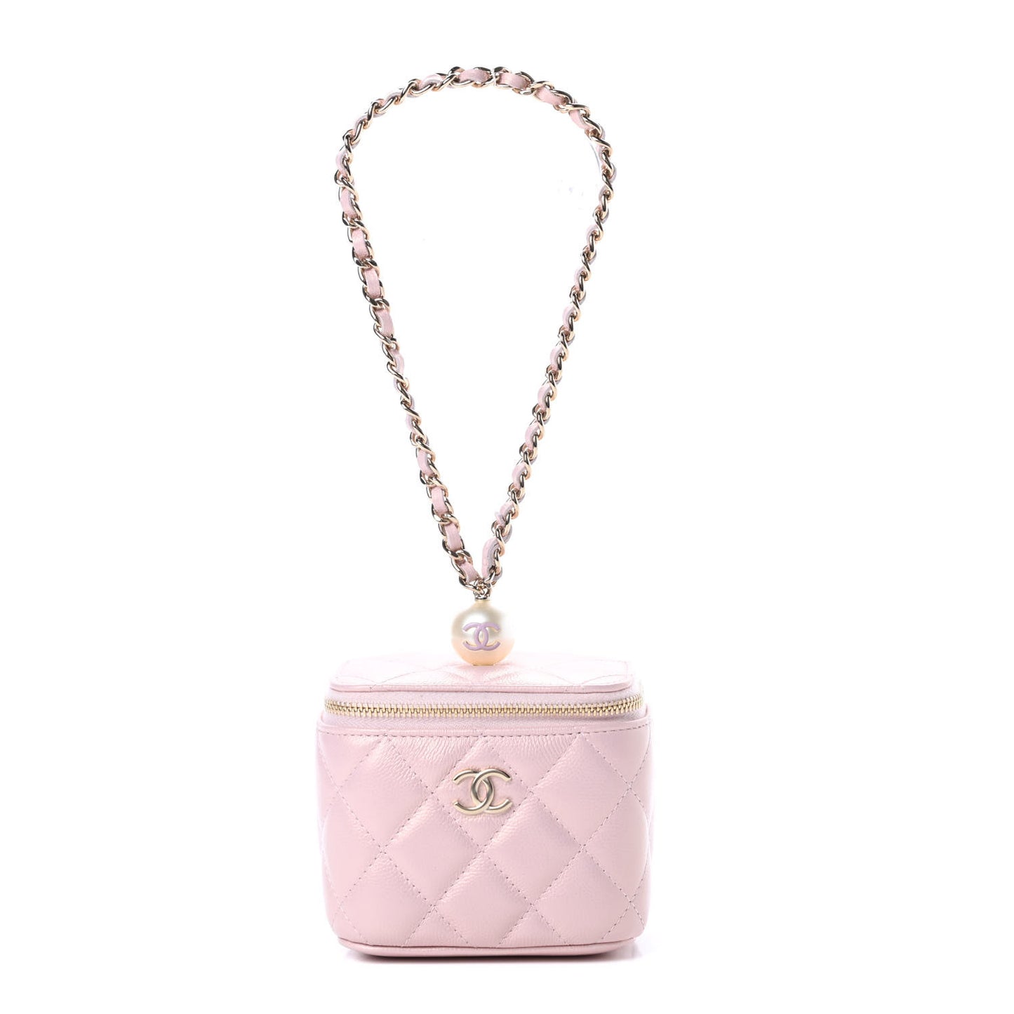 Iridescent Caviar Quilted Mini Pearl On Top Vanity Case With Chain Light Pink