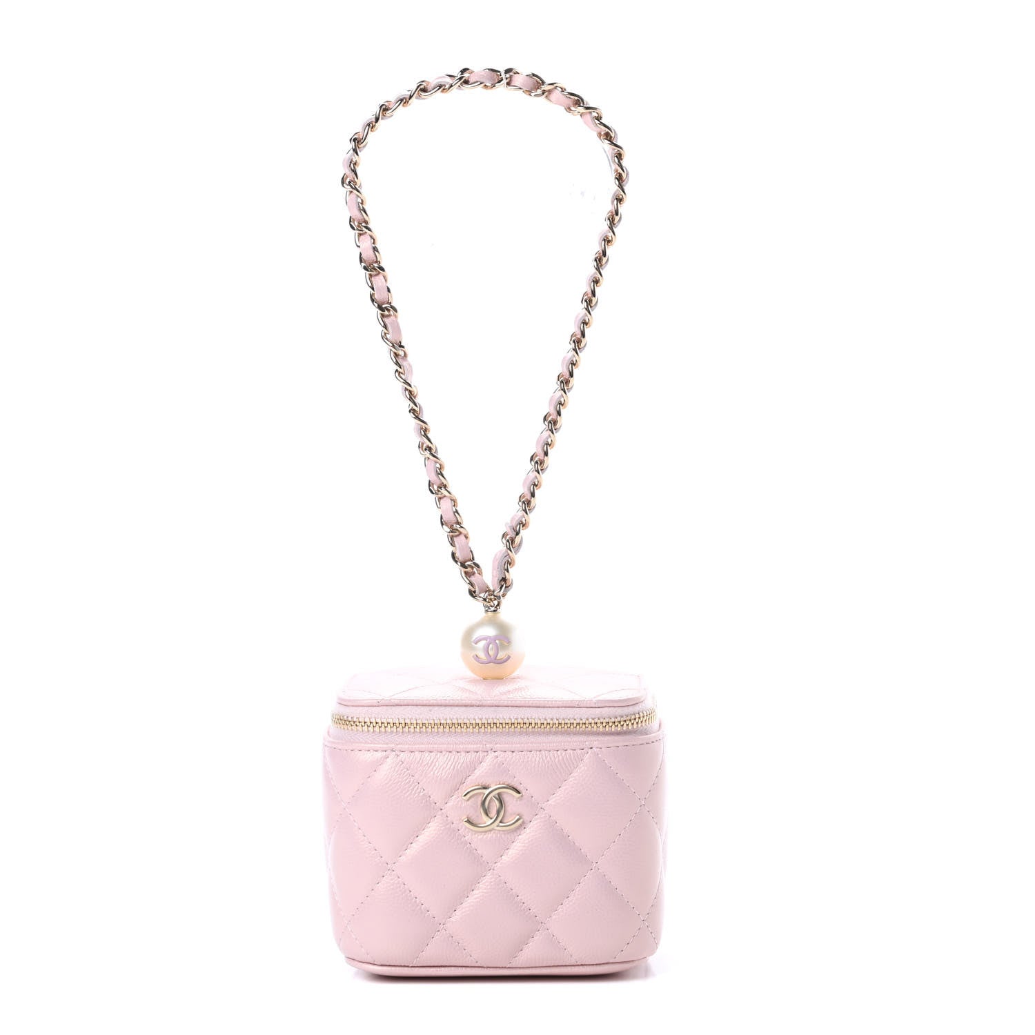 Chanel Iridescent Caviar Quilted Mini Pearl On Top Vanity Case With Chain Light Pink 1 of 12