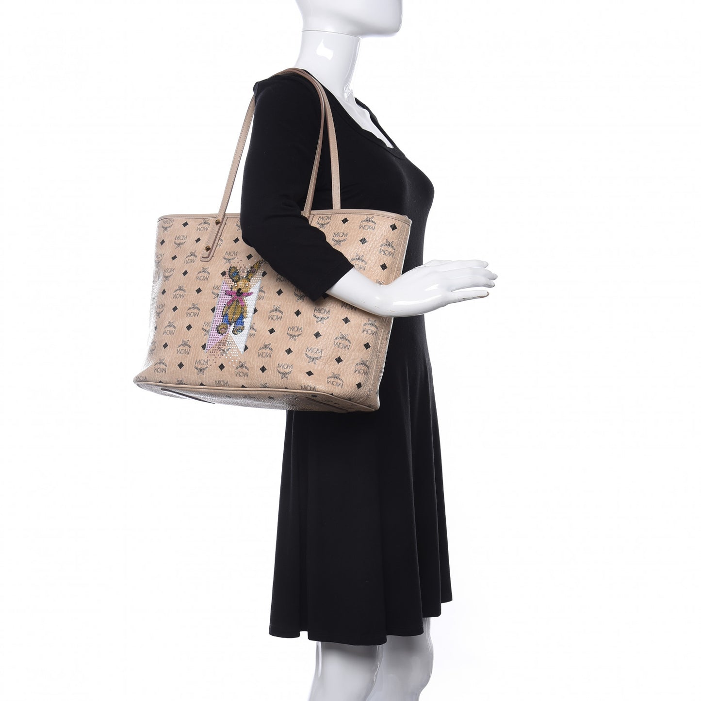 Visetos Medium Studded Rabbit Top Zip Shopper Tote Beige