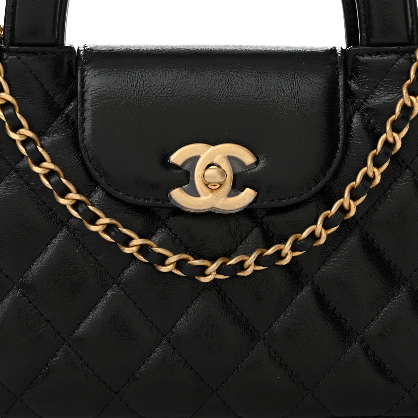 Shiny Aged Calfskin Quilted Nano Kelly Shopper Black