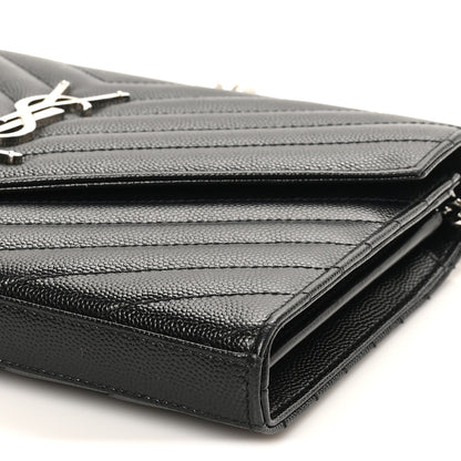 Saint Laurent Grain De Poudre Matelasse Chevron Monogram Chain Wallet Black 10 of 12