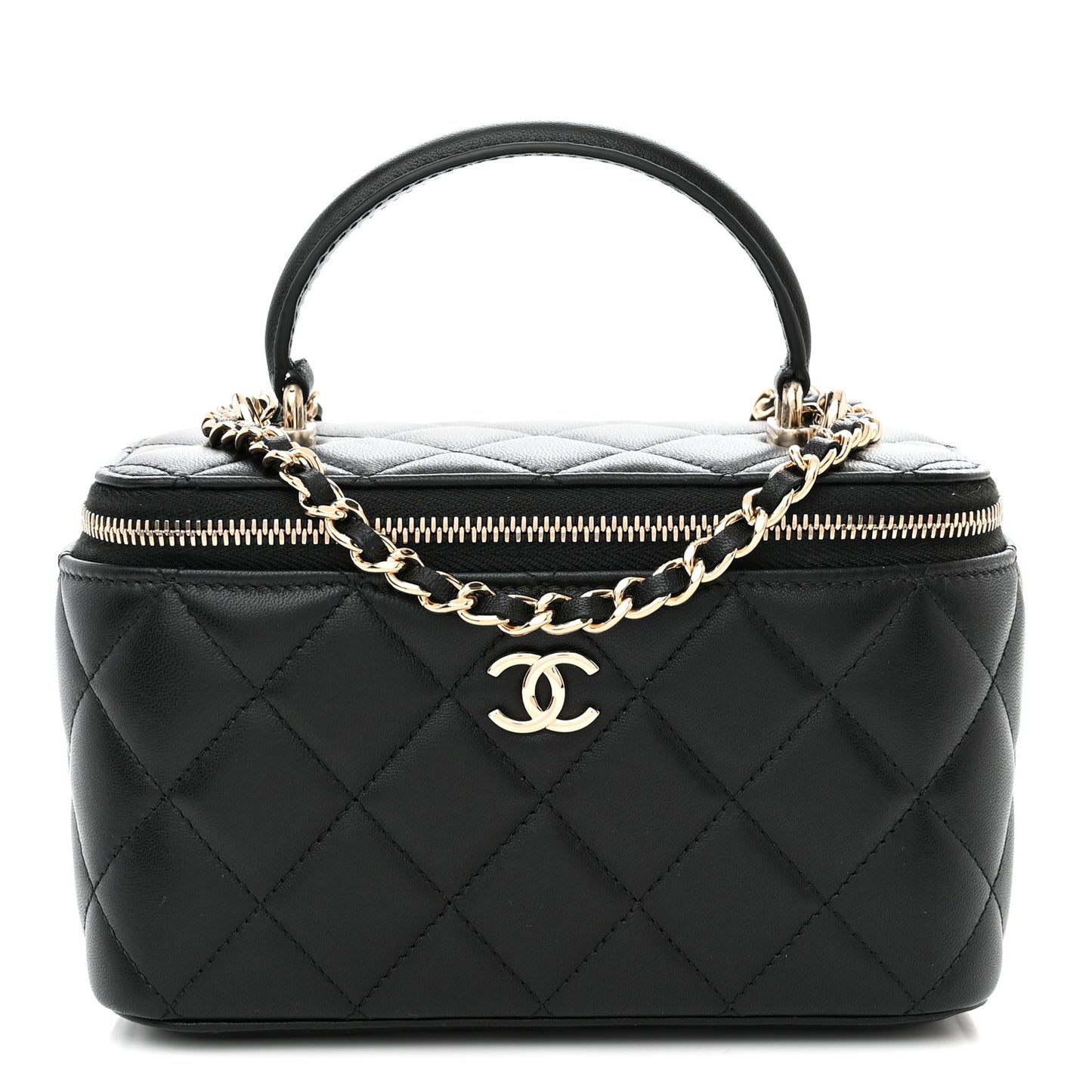 Lambskin Quilted Small Top Handle Vanity Case With Chain Black