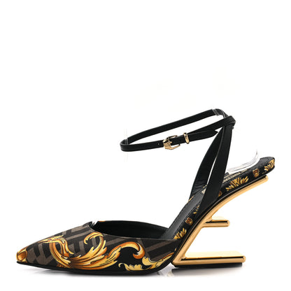 Fendi X VERSACE Silk Calfskin Fendace Fendi First 95mm Slingback Sandals 37 Tobacco Black Gold 1 of 7