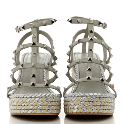 Valentino Garavani Calfskin Rockstud Ankle Strap Torchon Espadrille Caged 25/95mm Wedge Sandals 41 Opal Grey Argento Champagne 2 of 9