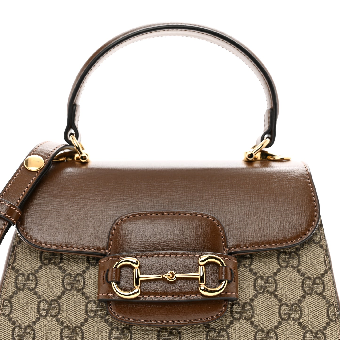 GG Supreme Monogram Azalea Calfskin Mini Horsebit 1955 Top Handle Flap Bag Beige Ebony Brown Sugar