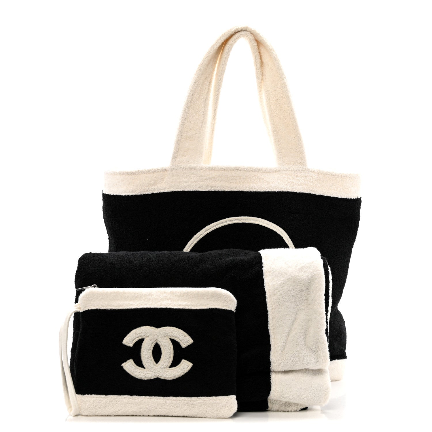Chanel Terry Cotton CC Beach Tote Towel Set Black White 3 of 13