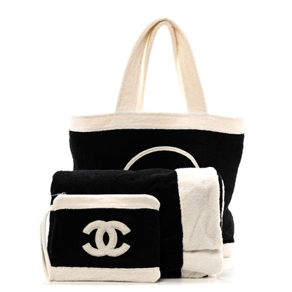 Chanel Terry Cotton CC Beach Tote Towel Set Black White 3 of 13