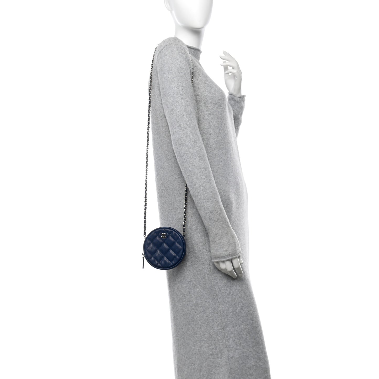 Caviar Quilted Round Clutch With Chain Blue