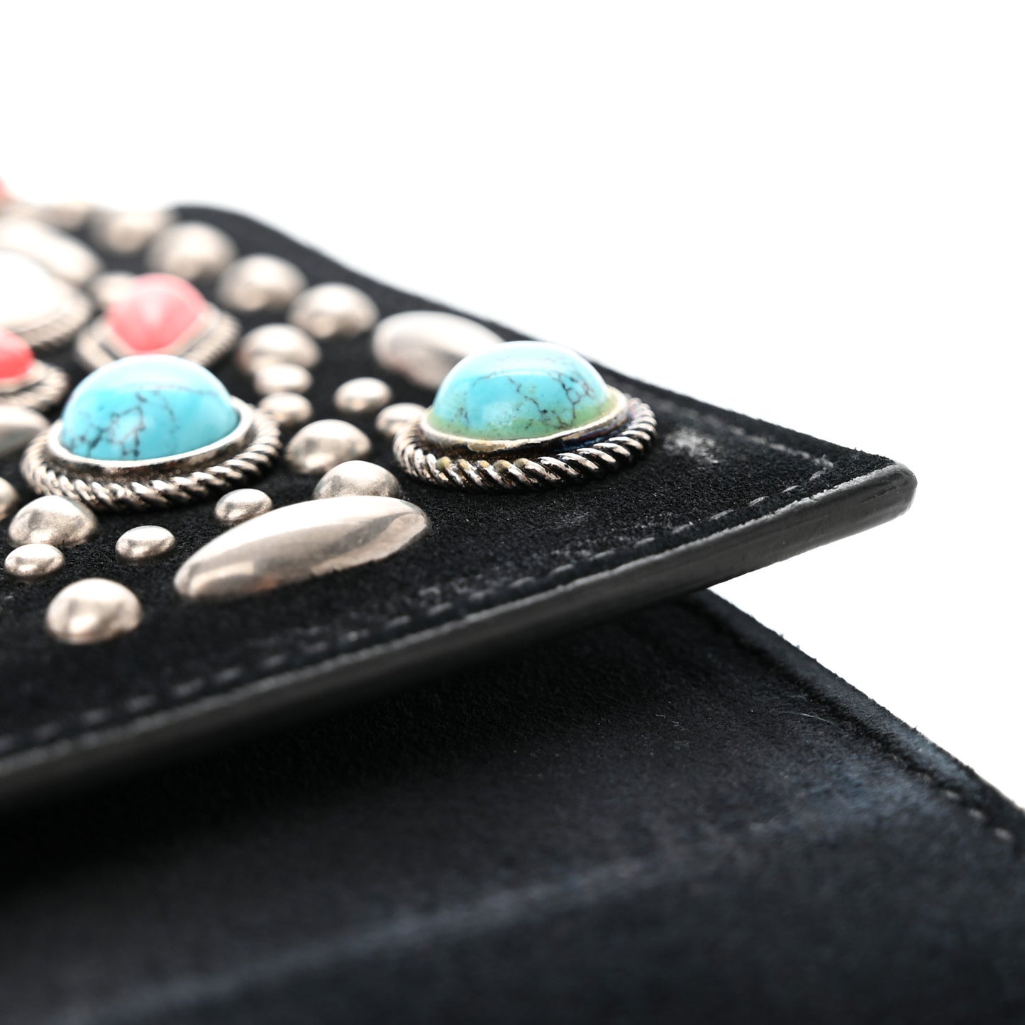 Suede Small Monogram Stone Studded Kate Satchel Black Turquoise Coral