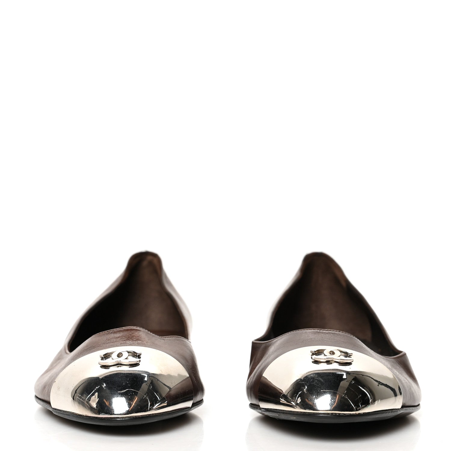 Chanel Calfskin Metal Cap Toe CC Ballerina Flats 36 Brown Gold 2 of 10