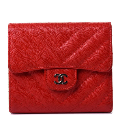 Chanel Caviar Chevron Quilted Compact Flap Wallet Red 1 of 4