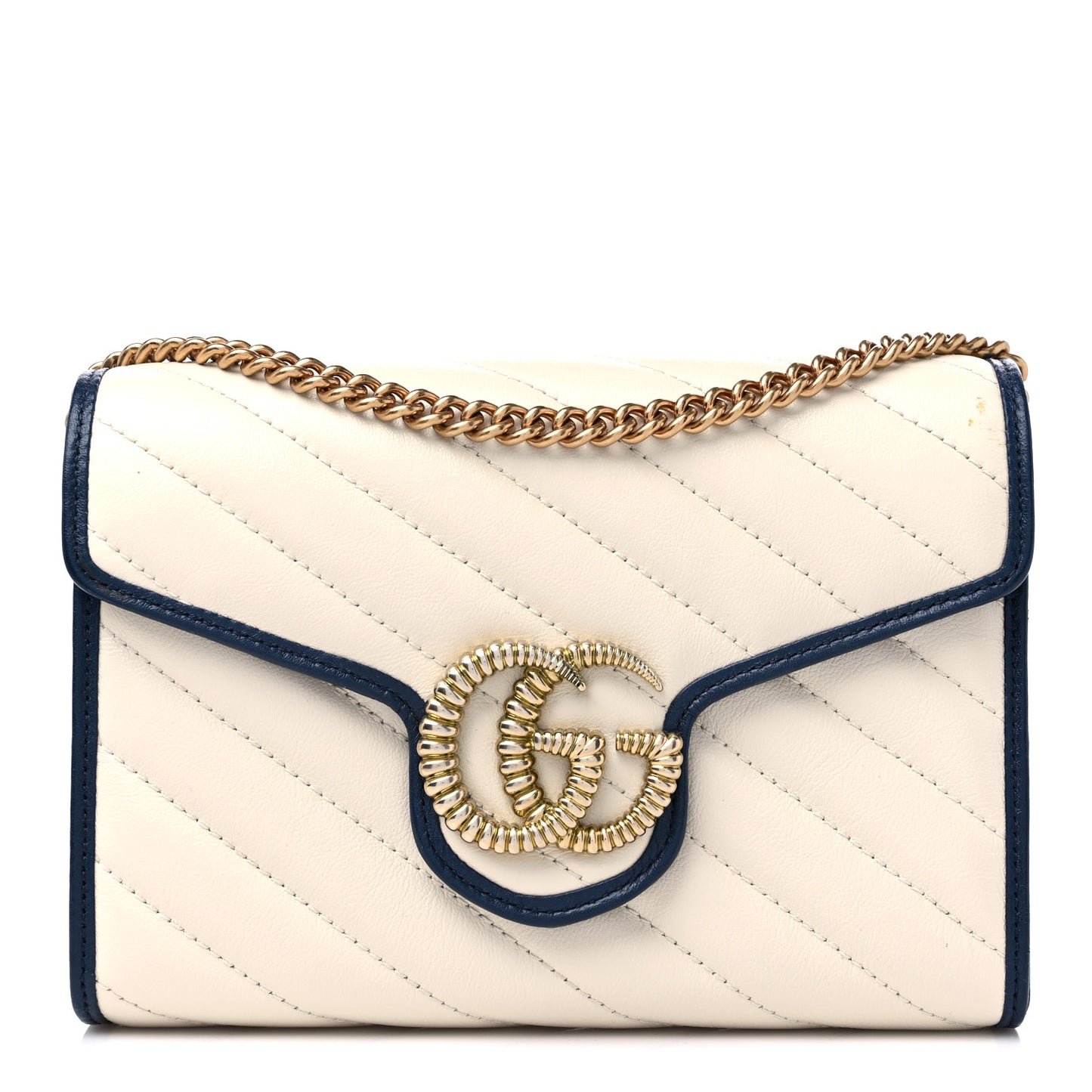 Vintage Effect Calfskin Matelasse Diagonal Torchon GG Marmont Chain Wallet Mystic White Blue Agata
